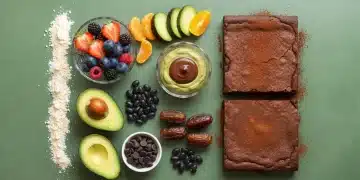 Aerial view of a neatly arranged green countertop featuring healthy dessert ingredients like avocado, dates, and black beans, alongside finished treats such as a black bean brownie and fruit-based mousse, illuminated by soft natural light.