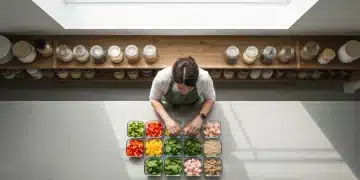 An aerial view of a meticulously organized kitchen counter with prepped healthy ingredients in clear containers, showcasing efficient meal planning for quick dinner preparation.