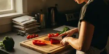 Woman quickly chopping red peppers on a wooden cutting board in a kitchen during golden hour, surrounded by fresh vegetables.