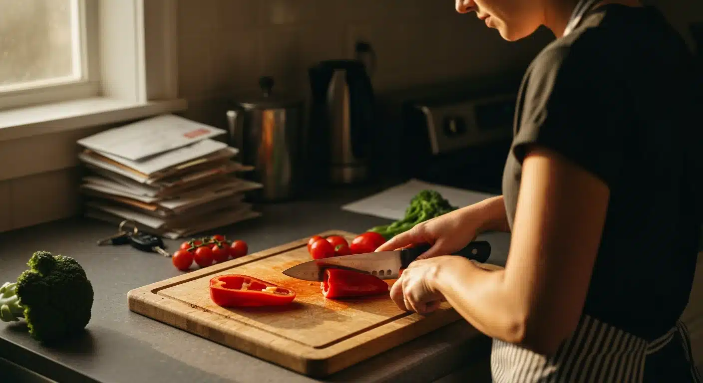 Woman quickly chopping red peppers on a wooden cutting board in a kitchen during golden hour, surrounded by fresh vegetables.