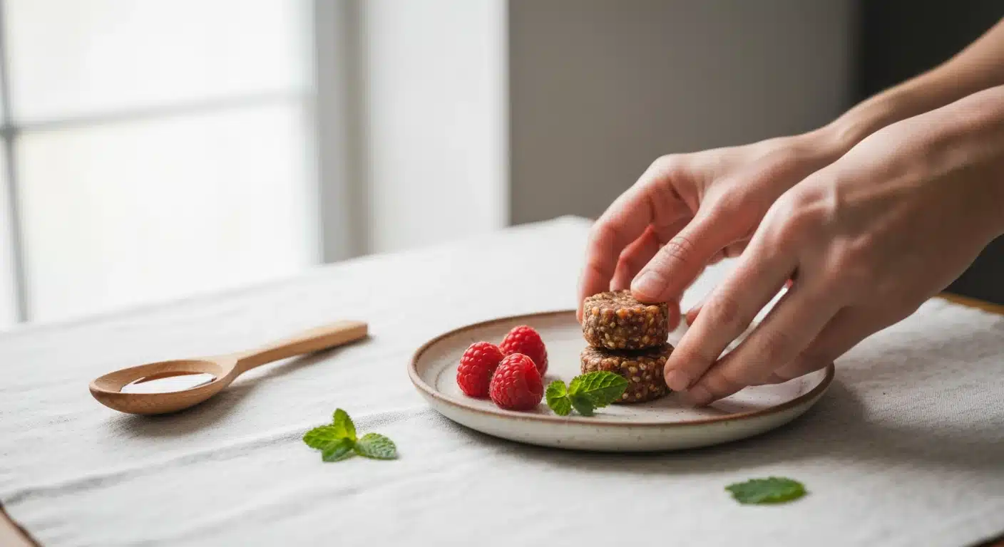 Woman's hands arranging a date-sweetened energy bite with fresh raspberries and mint on a rustic ceramic plate, embodying mindful indulgence in healthy desserts.