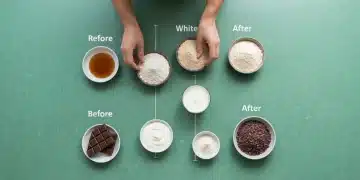Aerial view of a green kitchen counter, showing four pairs of ingredients for healthy dessert swaps: refined sugar with maple syrup, white flour with almond flour, heavy cream with Greek yogurt, and dark chocolate with cacao nibs.