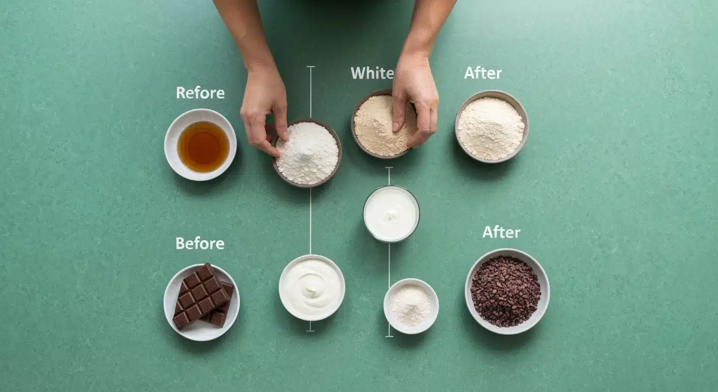 Aerial view of a green kitchen counter, showing four pairs of ingredients for healthy dessert swaps: refined sugar with maple syrup, white flour with almond flour, heavy cream with Greek yogurt, and dark chocolate with cacao nibs.