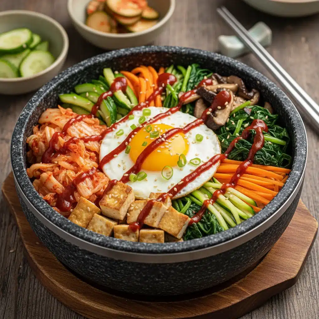 Artfully arranged Kimchi and Tofu Bibimbap Bowl