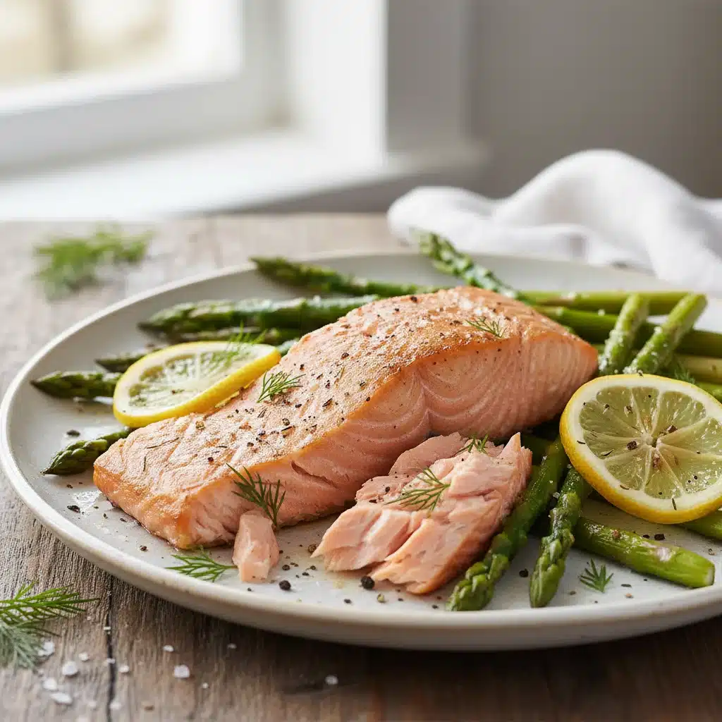 Elegant one-pot lemon herb salmon with roasted asparagus on a white plate.