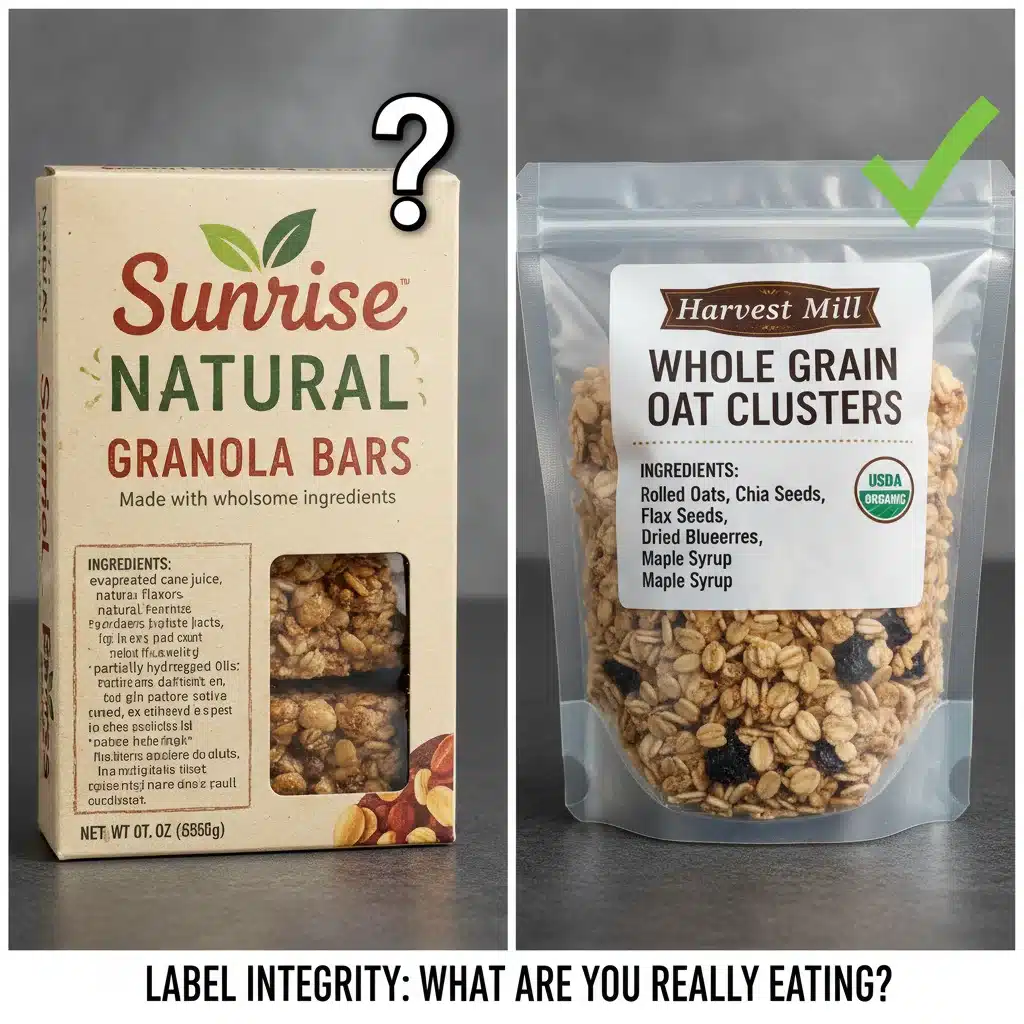 Comparison of misleading 'natural' label versus certified 'organic' food label.