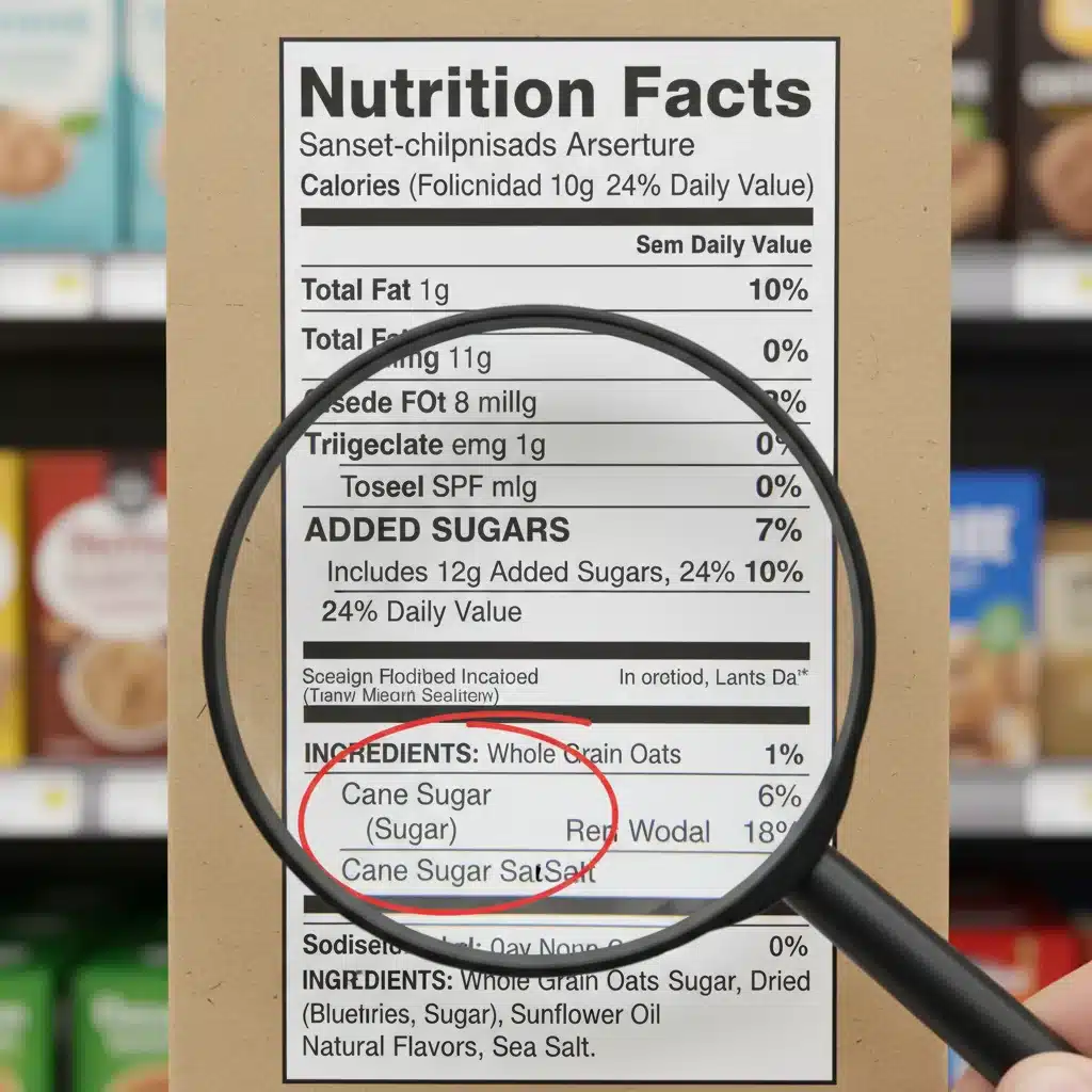 Magnifying glass over a nutrition facts panel highlighting added sugars.