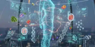 Futuristic representation of personalized nutrition data and healthy food choices.