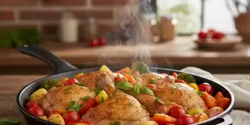 Close-up of a delicious one-pot chicken and vegetable skillet meal, ready to serve.