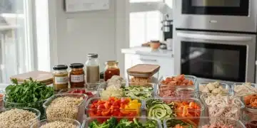 Organized meal prep containers with fresh ingredients on a kitchen counter, symbolizing efficient meal planning.