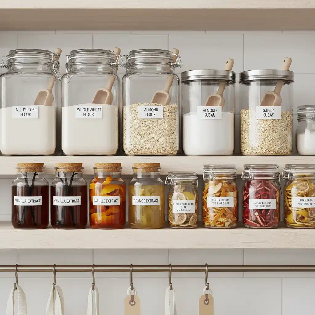 Organized pantry with bulk baking ingredients in reusable containers for zero waste