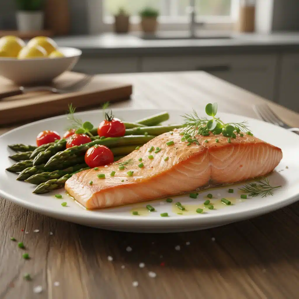 Elegantly plated salmon with roasted vegetables, demonstrating a quick and balanced protein dinner.