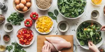 Assortment of fresh ingredients and quick protein meal components on a kitchen counter, ready for fast preparation.