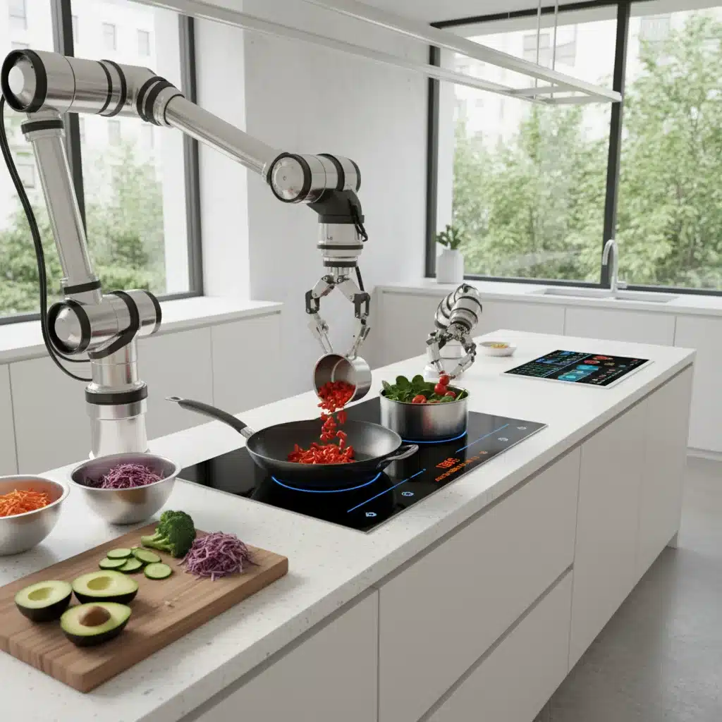 Robotic arm assisting with meal prep on smart induction cooktop