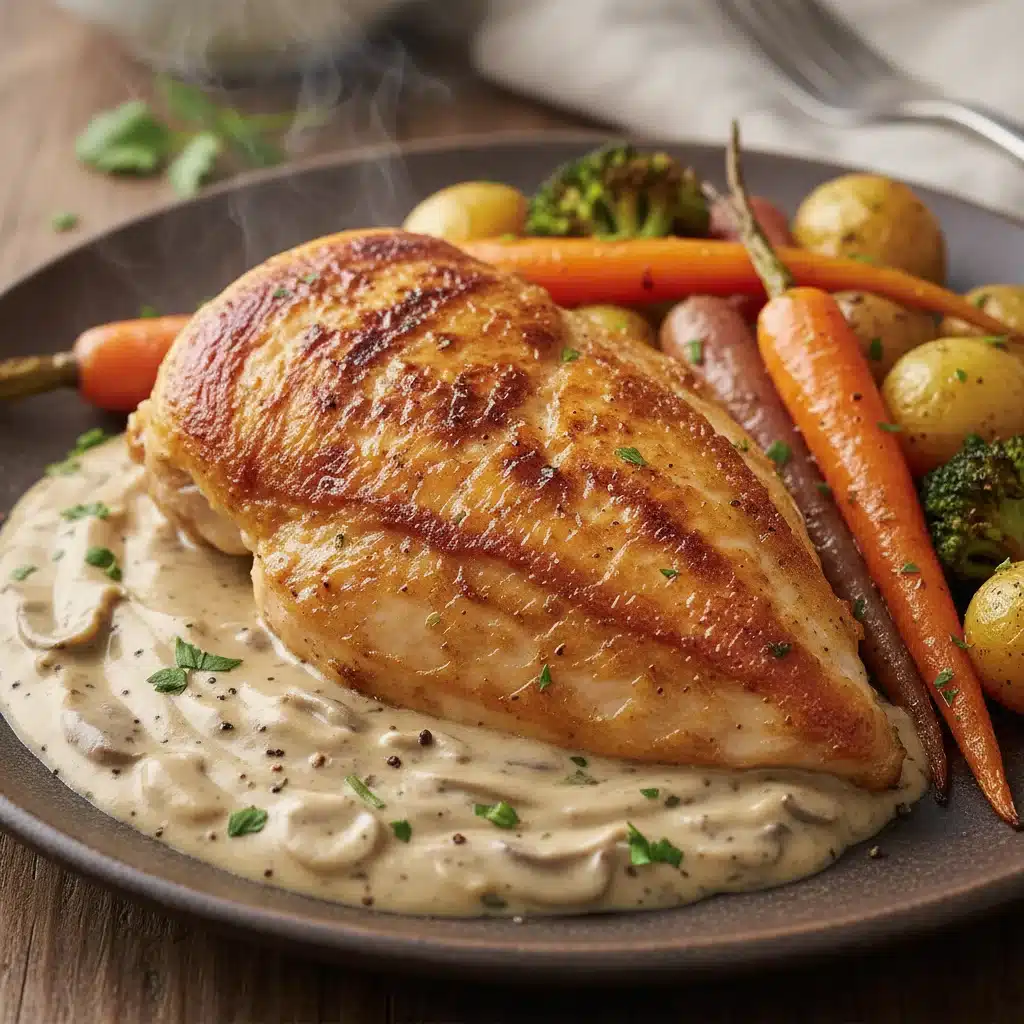 Close-up of seared chicken breast with crispy skin and roasted vegetables