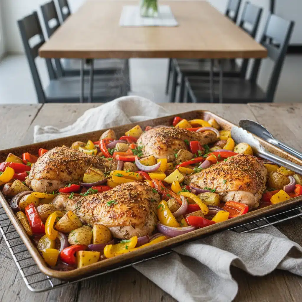 Sheet pan roasted chicken and vegetables, a simple economical meal.