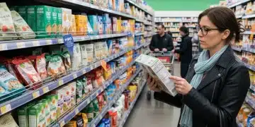 Shopper analyzing 'healthy' food labels in a brightly lit supermarket aisle.