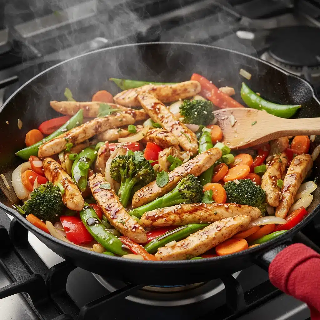 Sizzling chicken and vegetable stir-fry in a hot pan, an example of a fast and healthy meal.