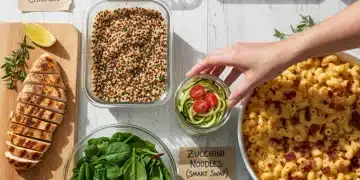 Colorful healthy meal prep components with smart food swaps for calorie reduction.