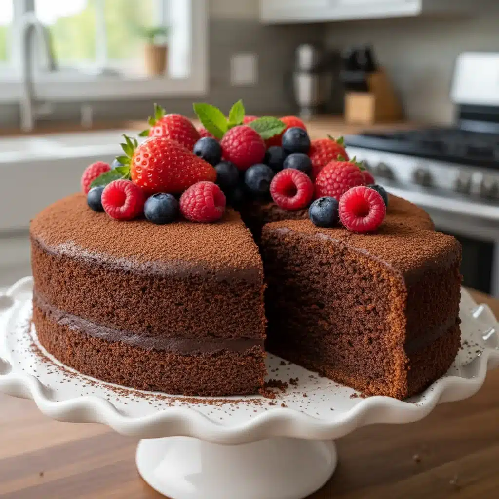 Beautifully decorated slice of sugar-free chocolate cake with berries.