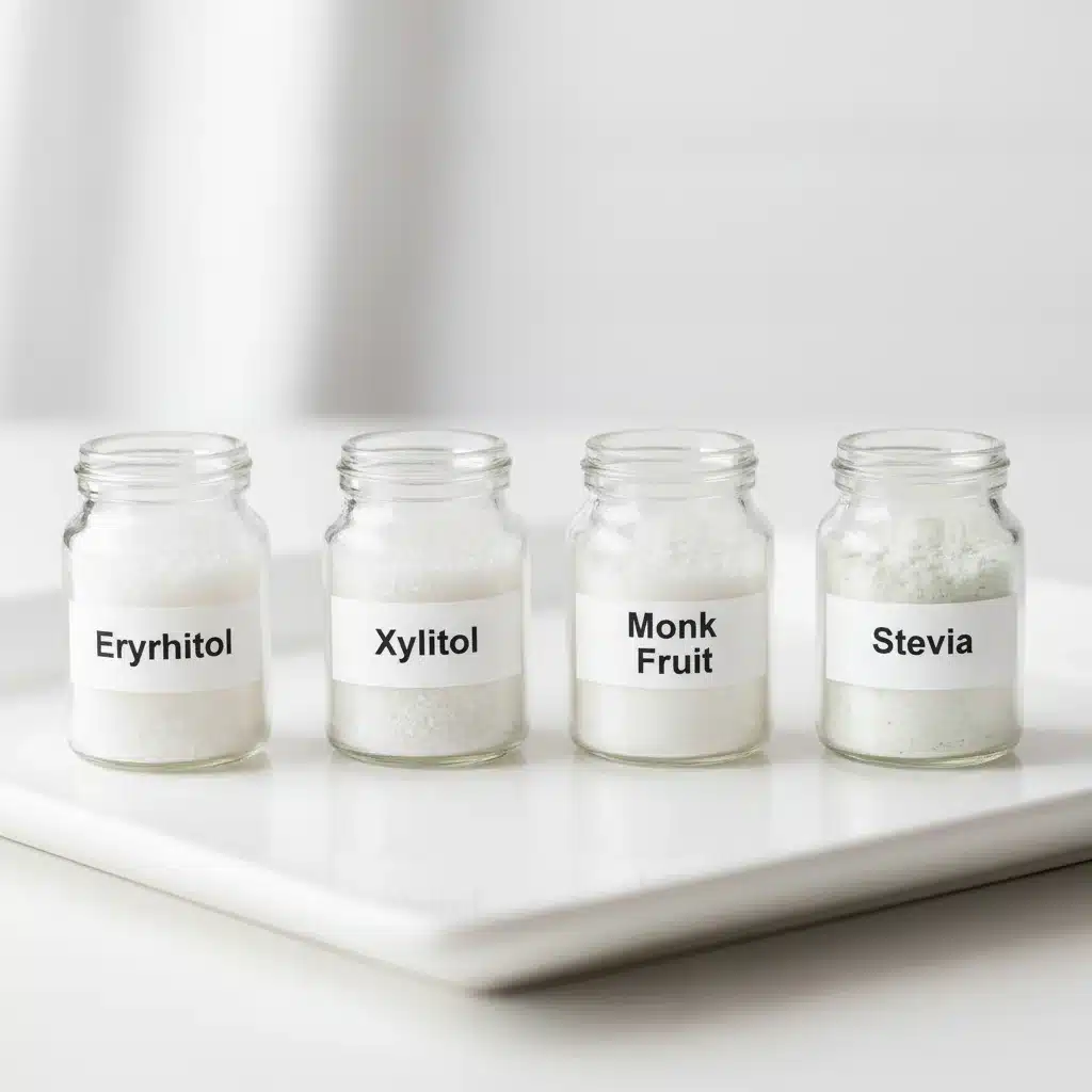 Selection of natural and artificial sugar substitutes in clear glass jars.