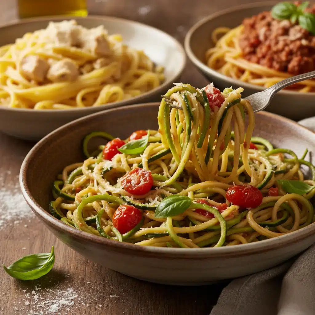 Homemade pasta with zucchini noodles and light tomato sauce as a healthy alternative.