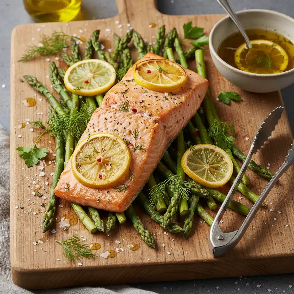 Baked salmon with asparagus and lemon slices