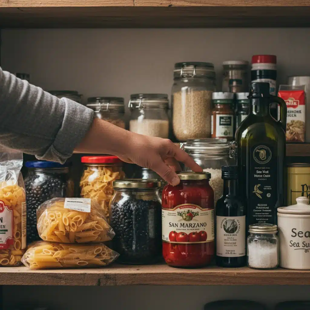 Hand selecting canned tomatoes from a pantry shelf