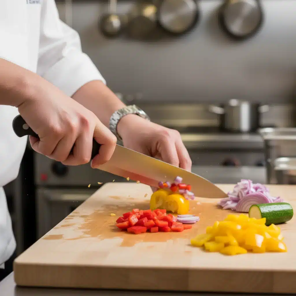 Chef's hands quickly chopping fresh vegetables for a fast dinner recipe.