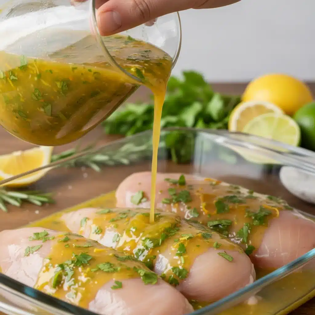 Hand pouring citrus herb marinade over chicken breasts
