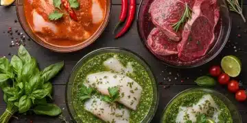 Assortment of raw meats marinating in colorful sauces with herbs and citrus