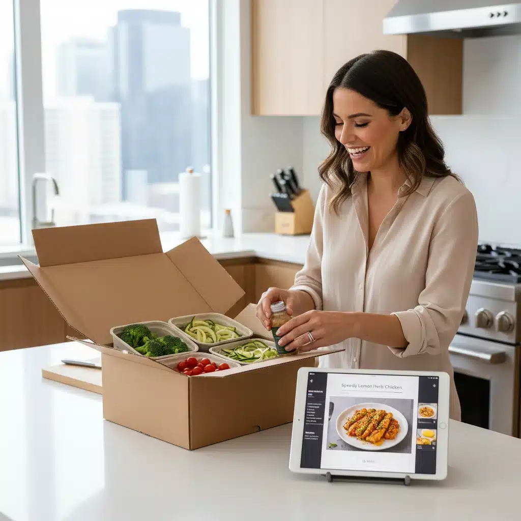 Person unboxing convenient healthy meal kit in modern kitchen.