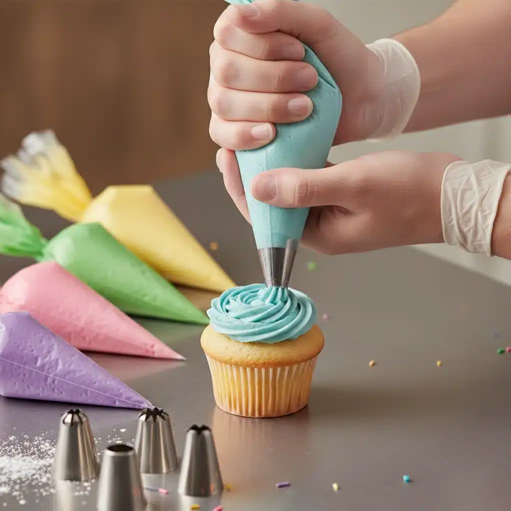 Pastry chef piping delicate frosting onto a cupcake with precision.
