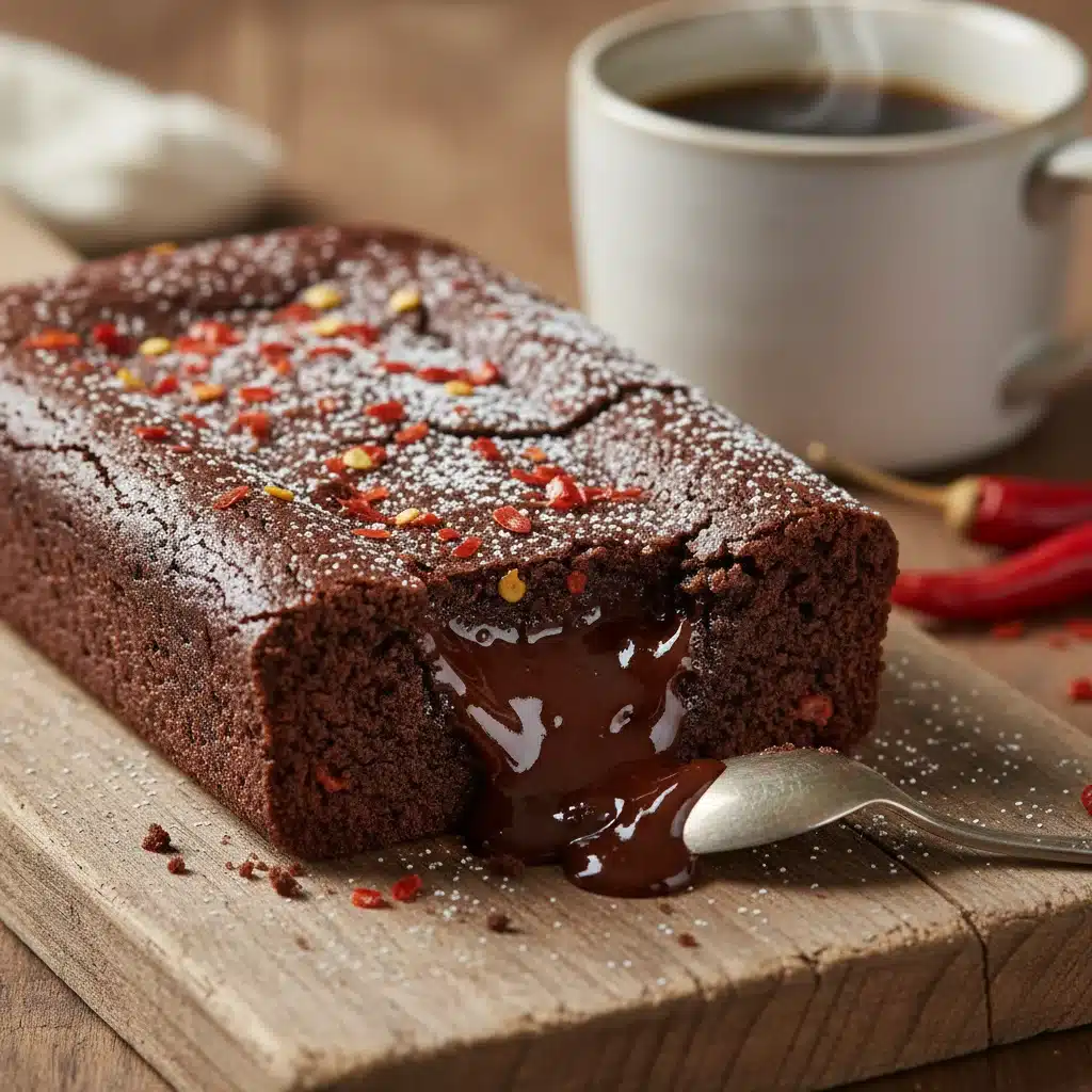 Decadent dark chocolate chili brownie with visible chili flakes.