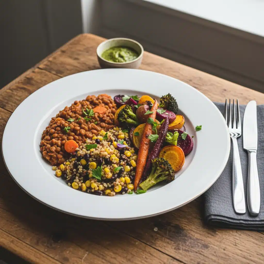 Beautifully plated diverse plant-based dinner with lentil stew, quinoa, and roasted vegetables, highlighting the culinary appeal of plant-based eating.