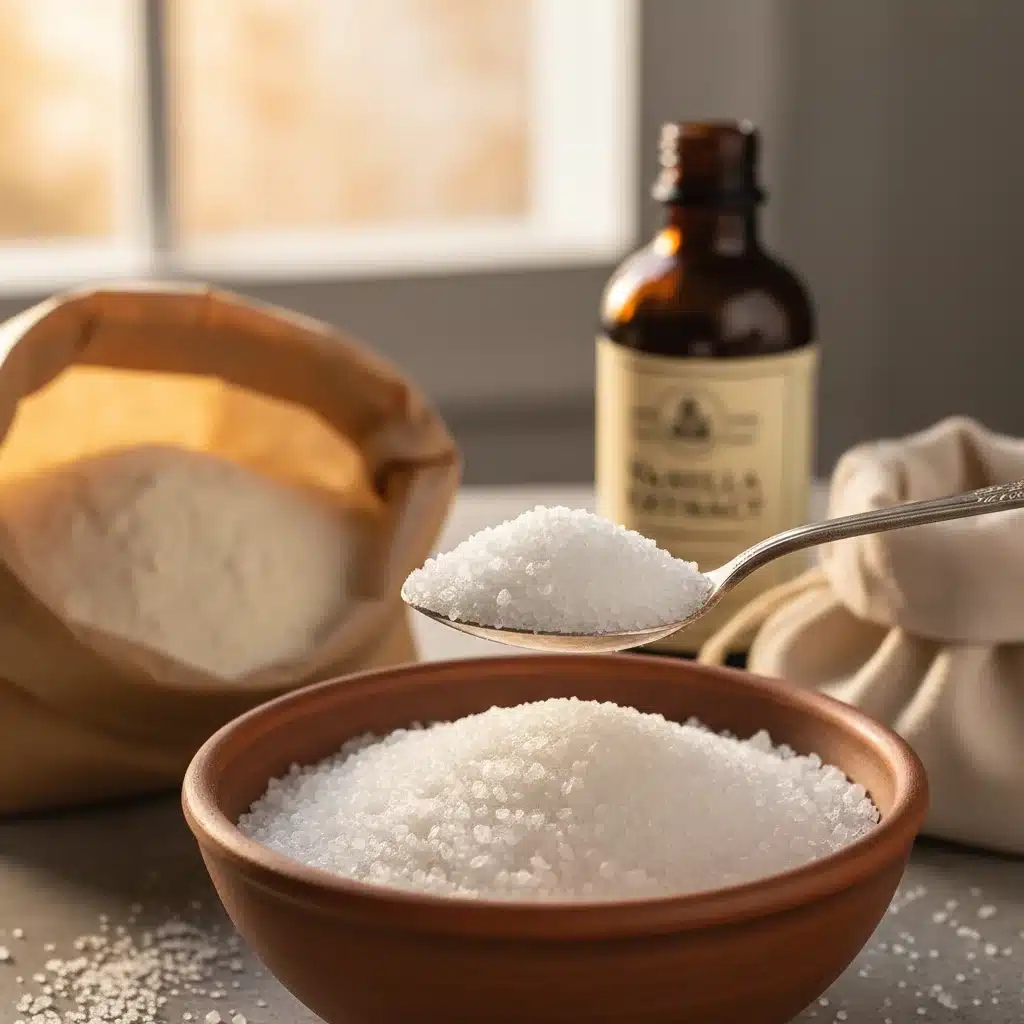 Close-up of crystalline erythritol, a popular plant-based sweetener, ready for use in baking.