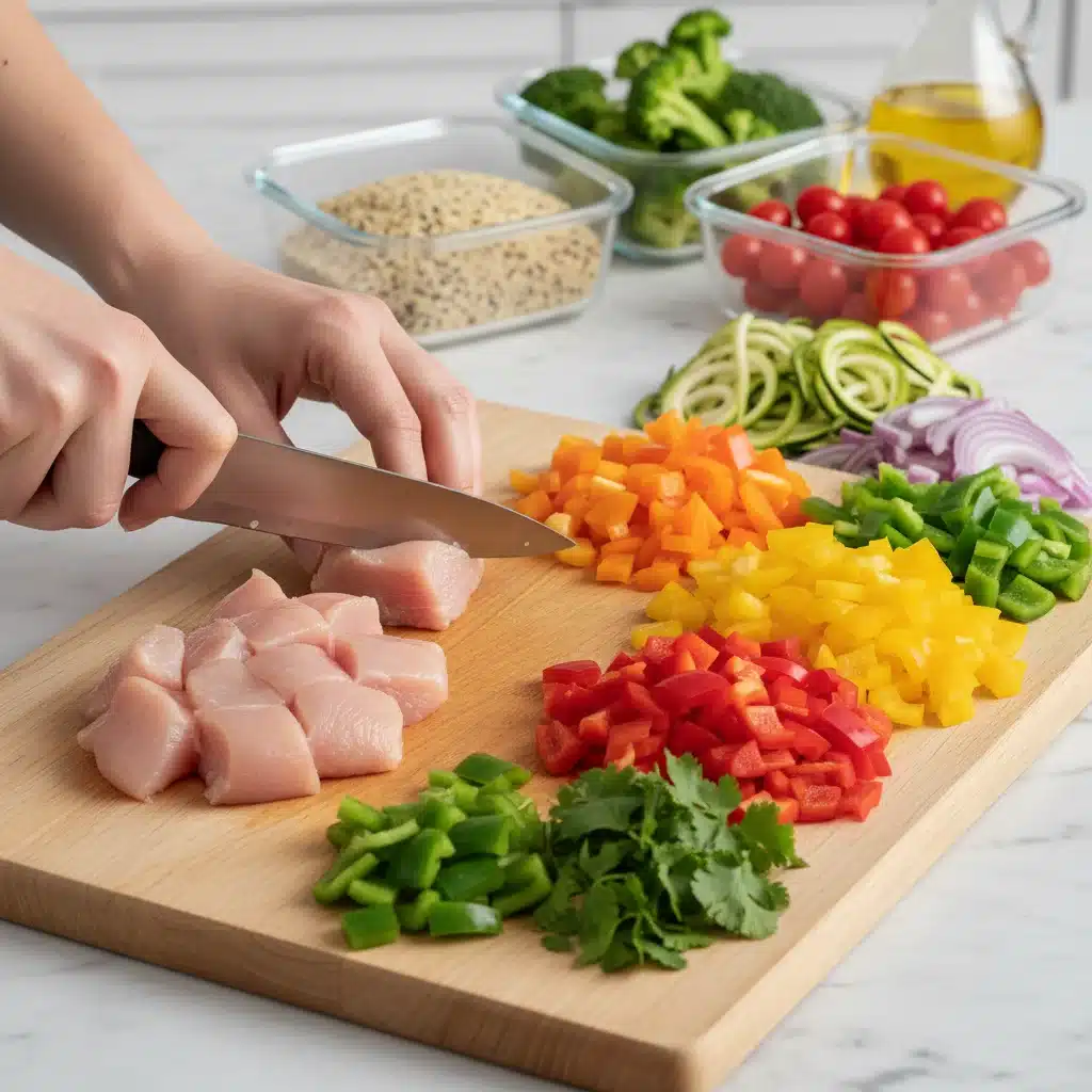 Hands dicing chicken and chopping vegetables for meal prep