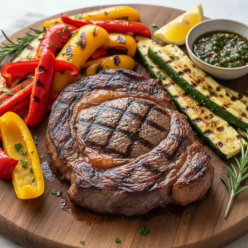 Perfectly grilled steak with char marks and grilled vegetables