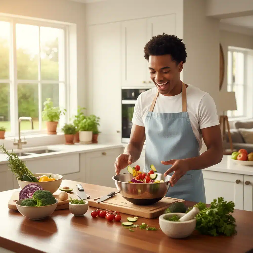 Person happily preparing a colorful plant-based meal in a modern kitchen, showcasing the joy of plant-based cooking.