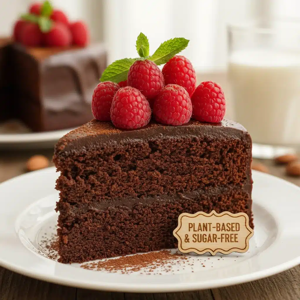 Slice of healthy, sugar-free chocolate cake with raspberries, sweetened with plant-based alternatives.