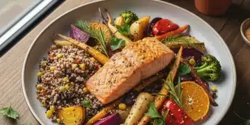 Colorful healthy main dish with vegetables, protein, and grains