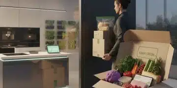 Healthy meal kits and groceries delivered to a modern home, emphasizing fresh ingredients and convenience.