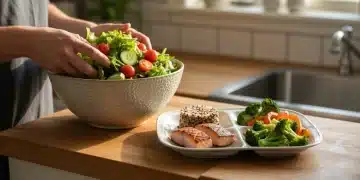 A person's hands tossing a vibrant salad in a ceramic bowl, next to a balanced plate with grilled salmon, quinoa, and vegetables, illuminated by soft morning light in a home kitchen.