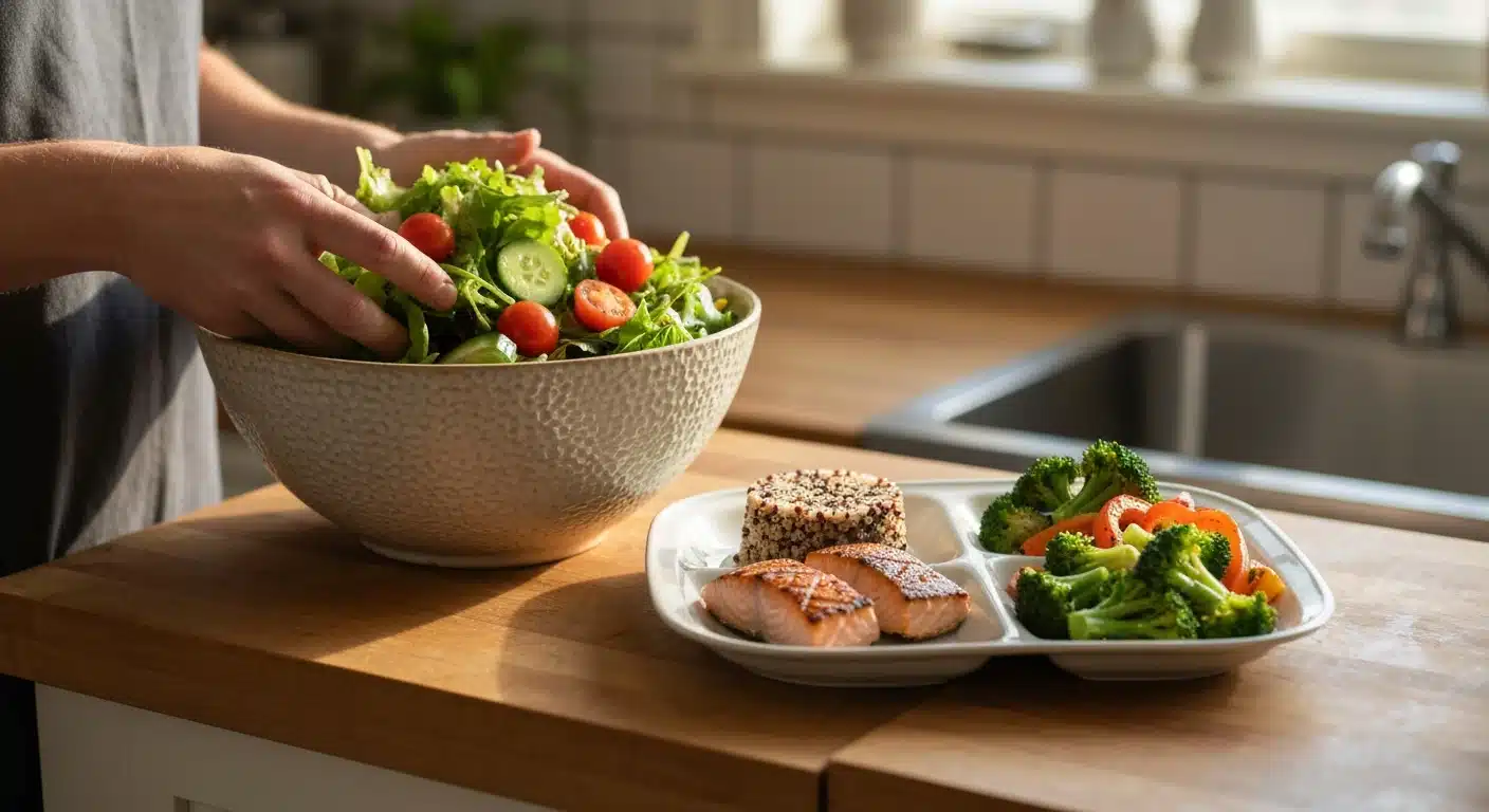 A person's hands tossing a vibrant salad in a ceramic bowl, next to a balanced plate with grilled salmon, quinoa, and vegetables, illuminated by soft morning light in a home kitchen.