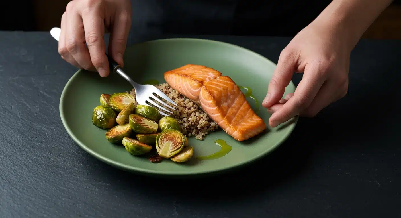 Close-up of a person's hands preparing a balanced meal with salmon, quinoa, and roasted vegetables on a dark green plate.