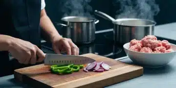 Close-up of hands rapidly chopping green bell peppers and red onions on a dark wooden board, a chef's knife blurred in motion, a steaming pot on an induction stovetop in the background, illustrating efficient meal preparation for healthy eating.