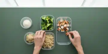 Overhead view of hands assembling a healthy meal prep container with broccoli, chicken, and quinoa on a green countertop, lit by natural light.