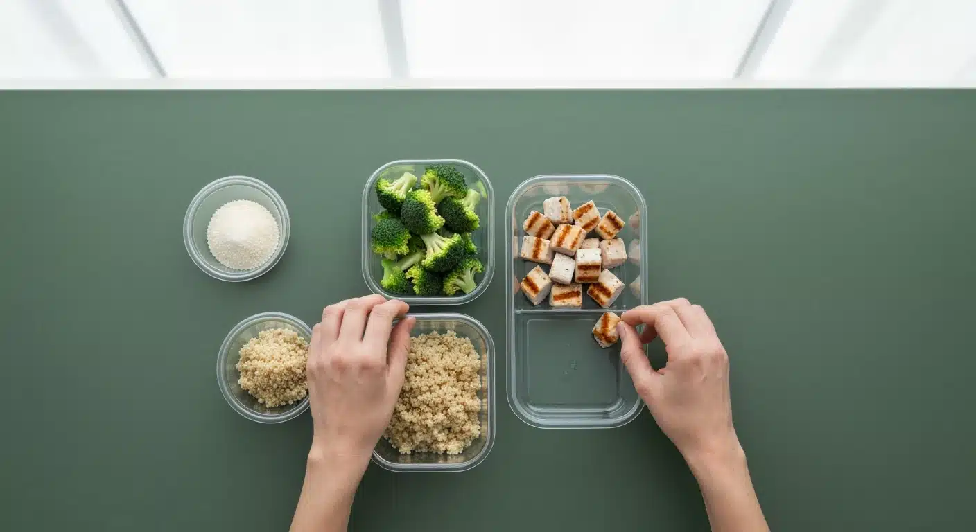 Overhead view of hands assembling a healthy meal prep container with broccoli, chicken, and quinoa on a green countertop, lit by natural light.