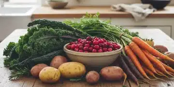 Vibrant January seasonal produce on a rustic table, ready for cooking.