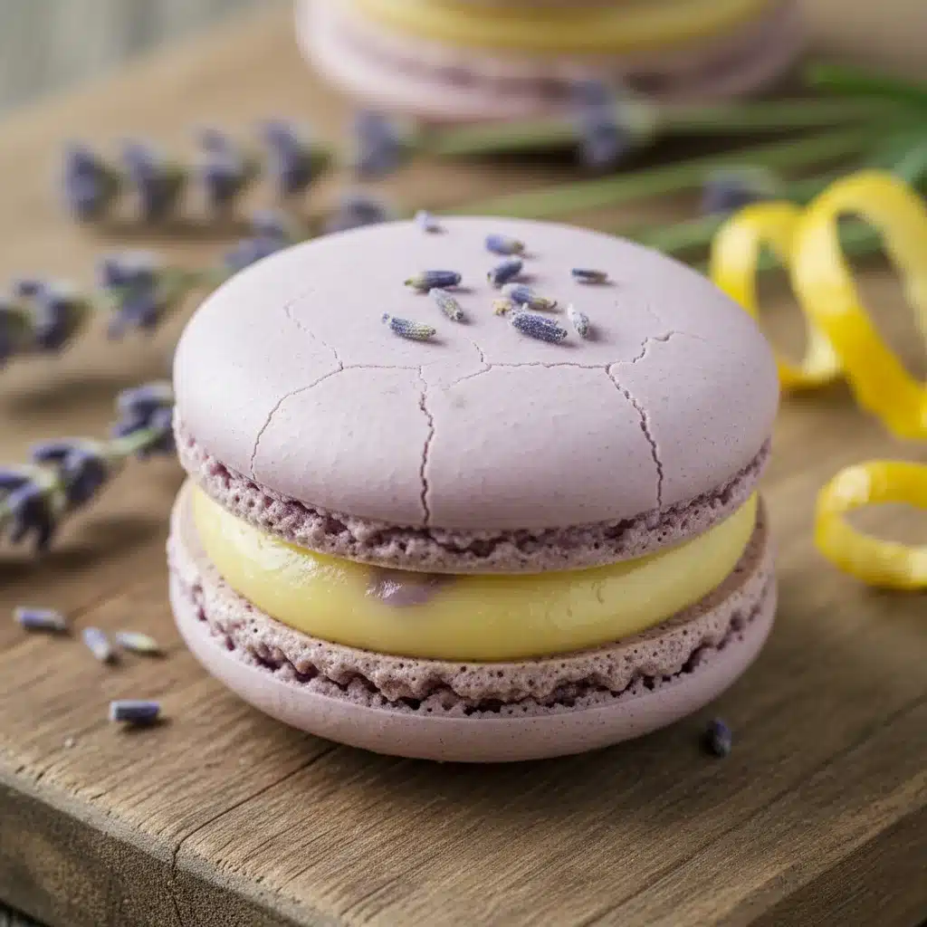 Close-up of a lavender-lemon macaron with fresh lavender and lemon zest.